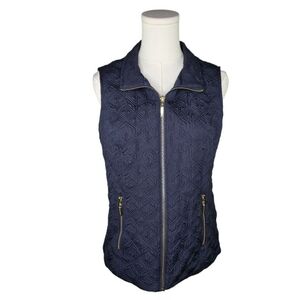 Ellen Tracy Navy Quilted Vest Gold Zipper Pockets Lightweight Layering Size S